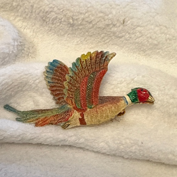 Vintage Colourful Flocked Metal  Pheasant Brooch - Picture 10 of 10